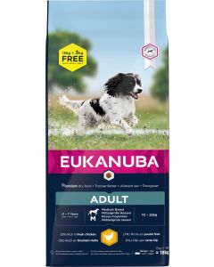 Eukanuba Adult Medium Breed al pollo per Cane 15 kg + 3 kg GRATIS